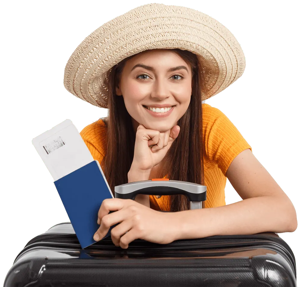 Smiling traveler with a sun hat, passport and suitcase ready for a Sri Lanka holiday